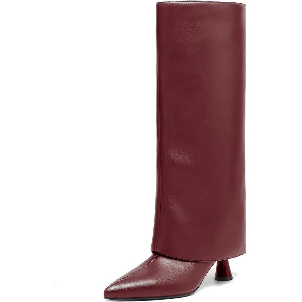 Women's Burgundy Leather Slouchy Knee High Pointed Toe Folded Shark Stylish Boot